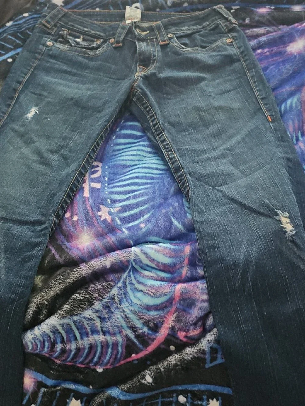 True Religion Dark Blue Boot Cut Jeans with Gold Stitching